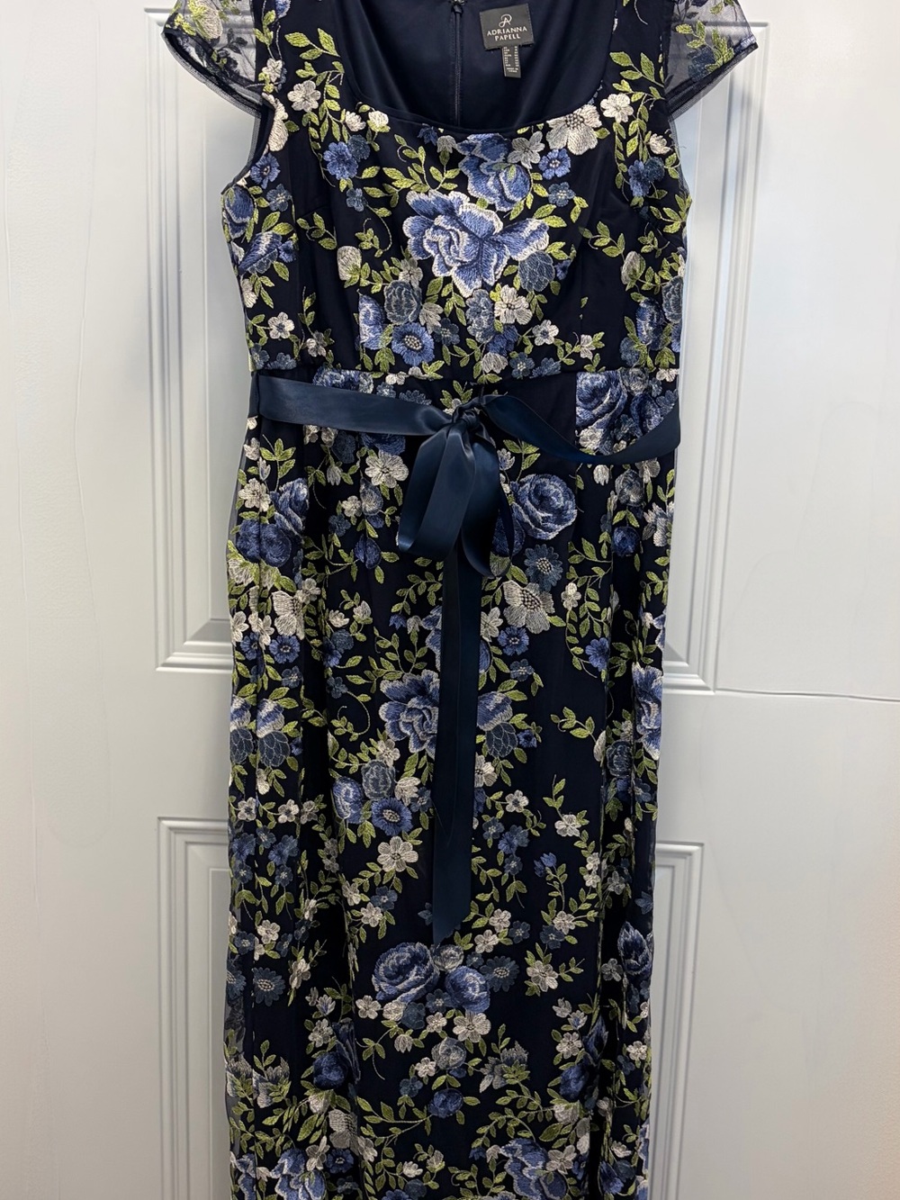 Adrianna Papell Navy Blue Floral Lace-Overlay Dress with Satin Belt Size 16